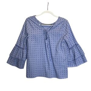 Jane & Delancy Blue Tiered Bell Sleeve Pullover Peasant Top Textured Dots Boho M